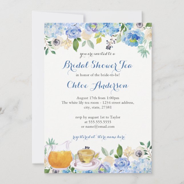 Blue Floral Teacup Invitation de la douche nuptial (Devant)