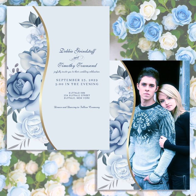 Blue Floral w/Custom Photo Wedding Invitation  (Créateur téléchargé)