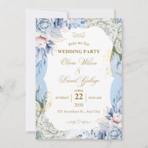 Blue Floral Wedding Invitation Elegant Romantic 