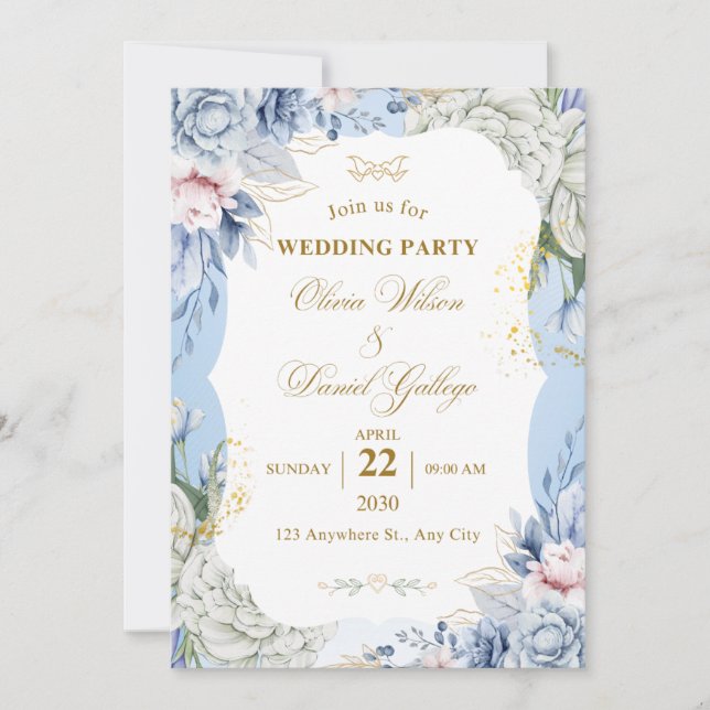 Blue Floral Wedding Invitation Elegant Romantic  (Devant)