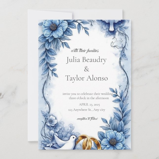 Blue Floral Wedding Invitation with White Dove | E (Devant)