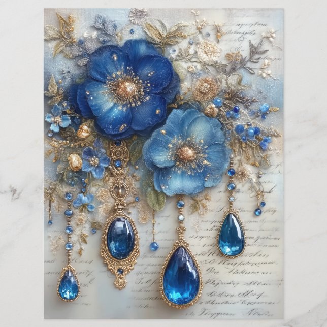 Blue Flower Gems Junk Journal Scrapbook Paper (Devant)