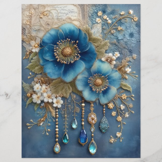 Blue Flower Gems Junk Journal Scrapbook Paper (Devant)
