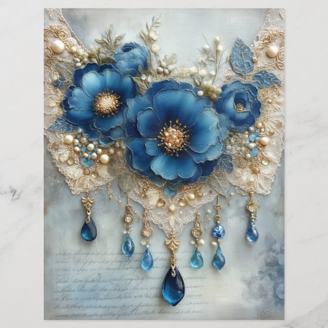 Blue Flower Gems Junk Journal Scrapbook Paper (Devant)