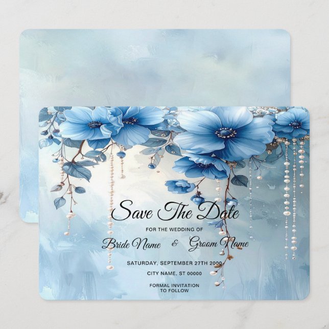 Blue Flowers and Pearls Save The Date (Devant / Derrière)