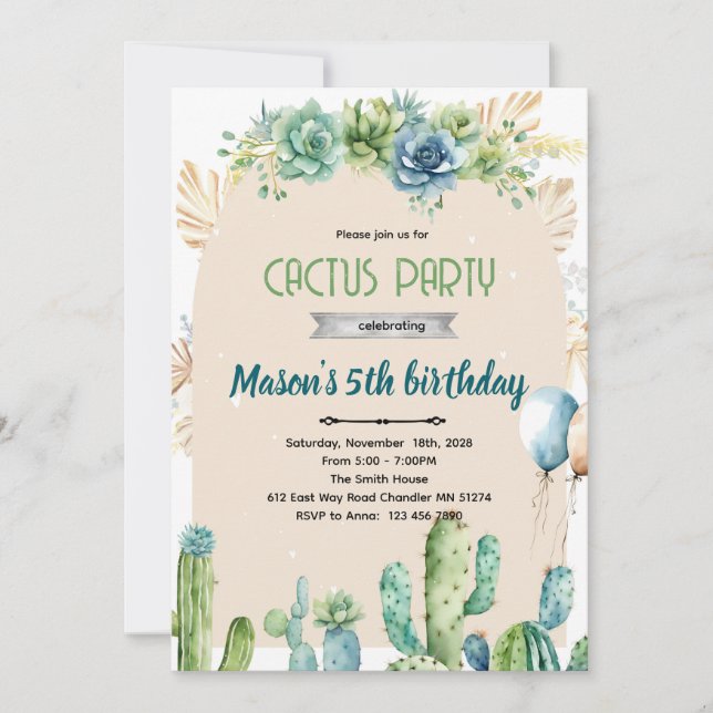 Blue flowers cactus desert invitation (Devant)