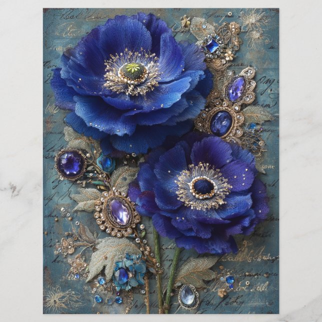 Blue Flowers Junk Journal Scrapbook Paper (Devant)