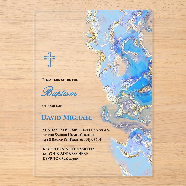 blue fluid marble Baptism acrylic invitation (Recto)