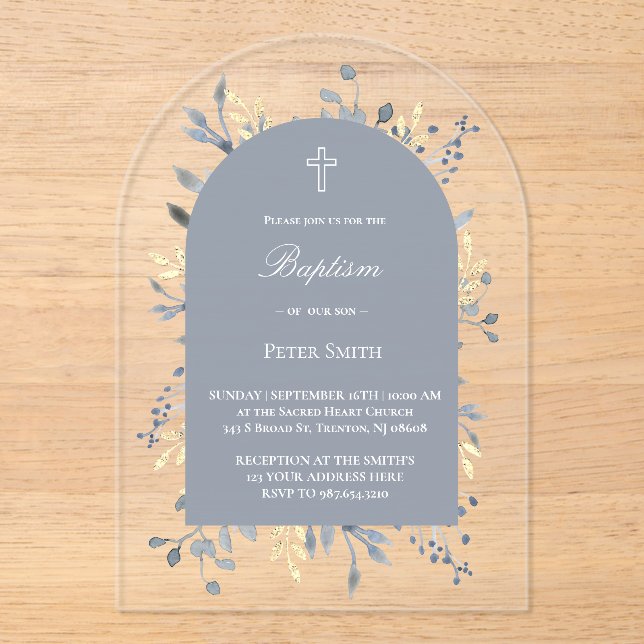 blue foliage Baptism Acrylic Invitation (Recto)