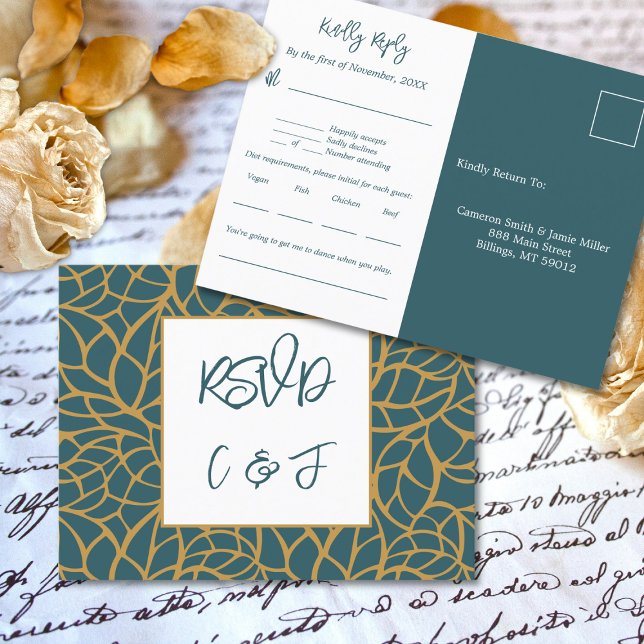 Blue Foliage Motif Mariage Menu Musique RSVP Card (Blue Foliage Pattern Wedding Menu Music RSVP Card)