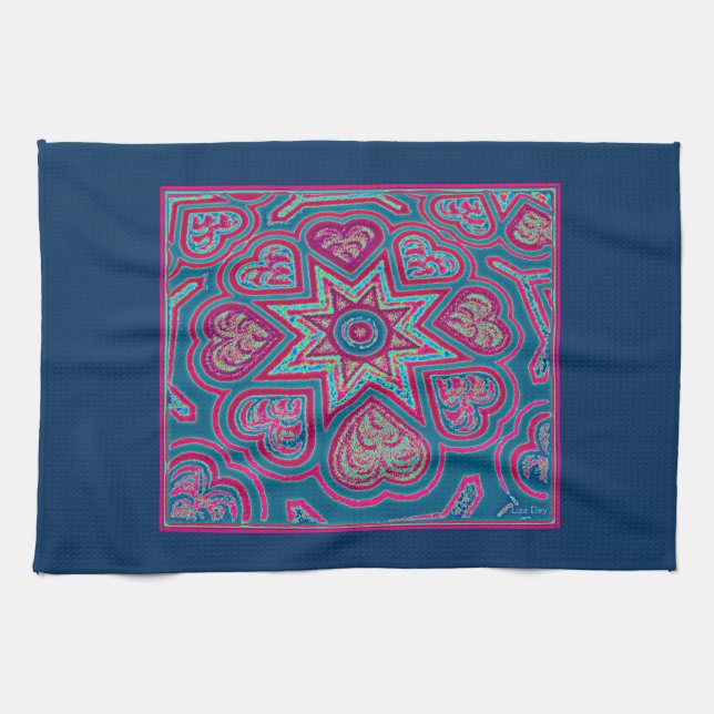 Blue Folk Art Hearts Serviette de cuisine (Horizontal)