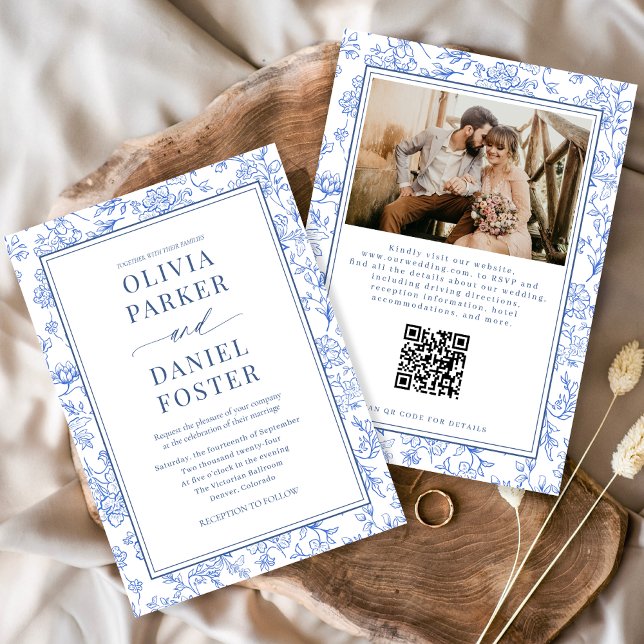 Blue French Floral Photo QR Code Toile Invitation (Créateur téléchargé)