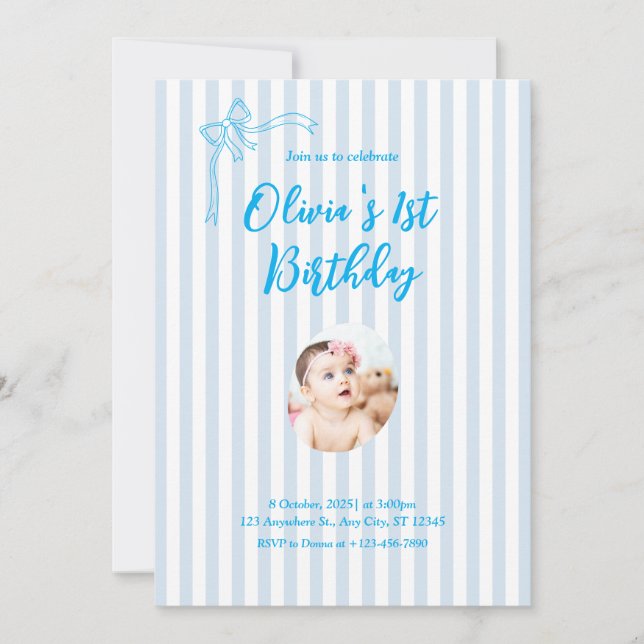 Blue French Personalized 1st Birthday Invitation (Devant)