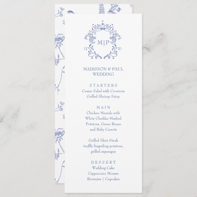 Blue French Vintage Victorian Menu  (Devant / Derrière)