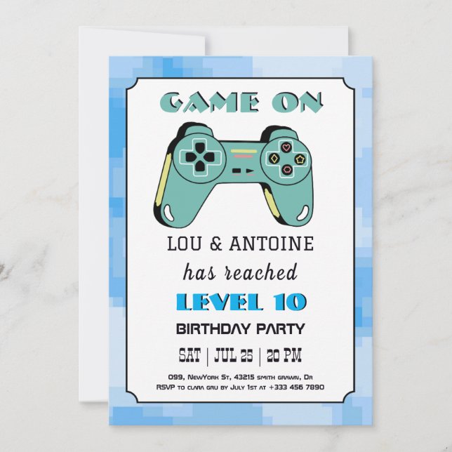 Blue Gamer Birthday Invitation (Devant)