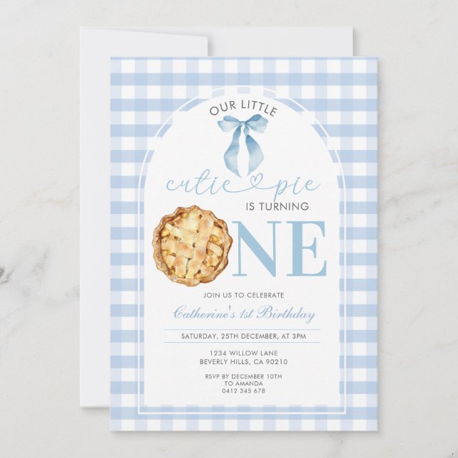 Blue Gingham Cutie Pie First Birthday Invitation (Devant)