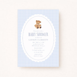 Blue Gingham Teddy Bear Baby Shower Invitation