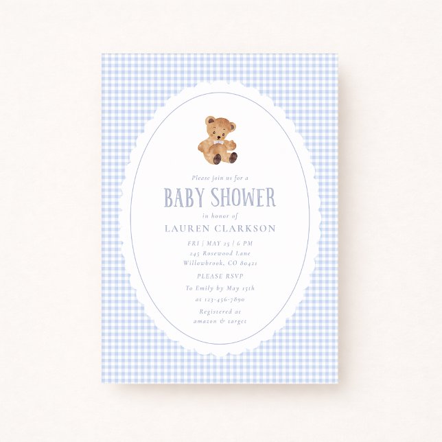 Blue Gingham Teddy Bear Baby Shower Invitation (Créateur téléchargé)
