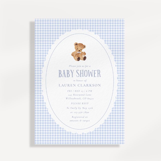 Blue Gingham Teddy Bear Baby Shower Invitation (Créateur téléchargé)