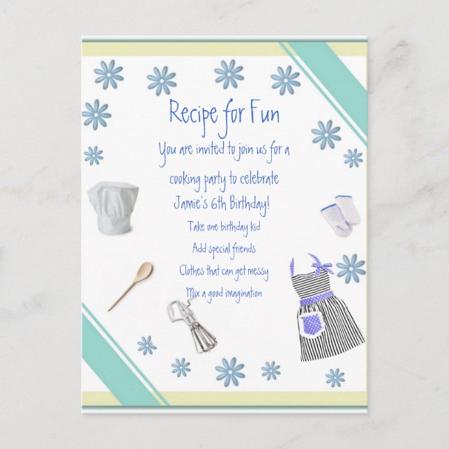 Blue Girls Cuisine Party Invitation Carte postale (Devant)