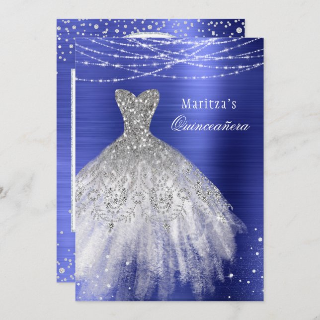 Blue Glam Diamond Sparkle Quinceañera Invitation (Devant / Derrière)