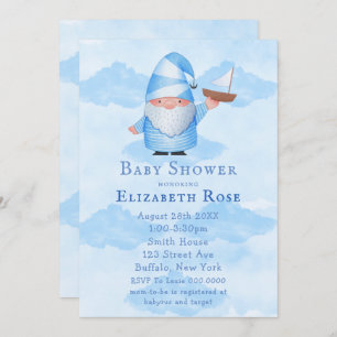 Blue Gnome Sailboat Cloud Baby Shower Invitations