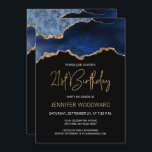 Blue Gold Agate 21e anniversaire de fête Invitatio<br><div class="desc">Cette élégante invitation de 21ème anniversaire présente une aquarelle d'une géode d'agate dans les tons bleu avec des reflets d'or. Les mots "21e anniversaire" apparaissent dans la parties scintillant en faux or dans la police décorative moderne d'écriture manuscrite. Customisez-le avec le nom de l'honoré dans le texte couleur or et...</div>