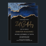 Blue Gold Agate 21e anniversaire de fête Invitatio<br><div class="desc">Cette élégante invitation de 21ème anniversaire présente une aquarelle d'une géode d'agate dans les tons bleu avec des reflets d'or. Les mots "21e anniversaire" apparaissent dans la parties scintillant en faux or dans la police décorative moderne d'écriture manuscrite. Customisez-le avec le nom de l'honoré dans le texte couleur or et...</div>