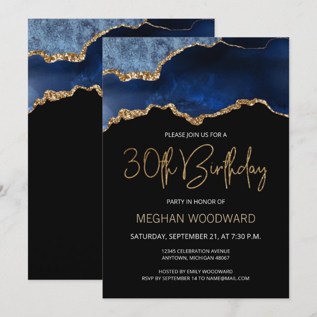 Blue Gold Agate 30th Birthday Party Invitation (Devant / Derrière)