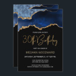 Blue Gold Agate 30th Birthday Party Invitation<br><div class="desc">Cette élégante invitation de 30ème anniversaire présente une aquarelle d'une géode d'agate dans les tons de bleu avec des reflets d'or. Les mots "30th Birthday" apparaissent dans la parties scintillant en faux or dans la police d'écriture moderne décorative. Customisez-le avec le nom de l'honoré dans le texte couleur or et...</div>