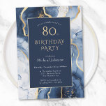 Blue Gold Agate 80th Birthday Invitation<br><div class="desc">Blue Gold Agate 80th Birthday Invitation. Célébrez une soirée élégante de 80e anniversaire avec ce design moderne élégant. Avec ses étonnantes tonalités bleu et or, ses motifs de géode marbré et ses détails d'encre d'alcool aquarelle, il offre une touche sophistiquée pour une célébration d'étape adulte. Le design épuré et l'esthétique...</div>