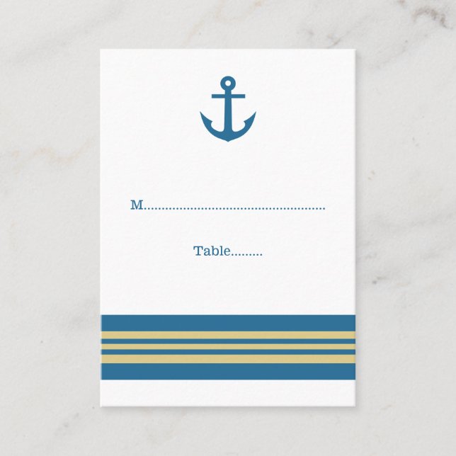 Blue Gold Ancre Nautique Mariage Cartes de Place (Devant)