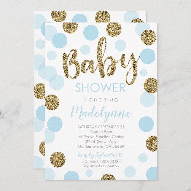 Blue Gold Baby shower invitation Confetti Baby Boy (Devant / Derrière)