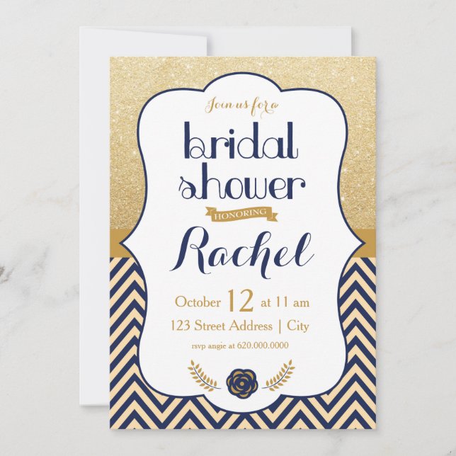 Blue Gold Chevron - Invitation de douche nuptiale (Devant)