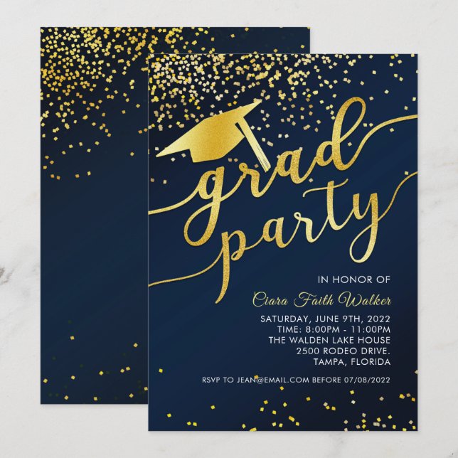 Blue Gold Confetti Graduation Party Invitation (Devant / Derrière)