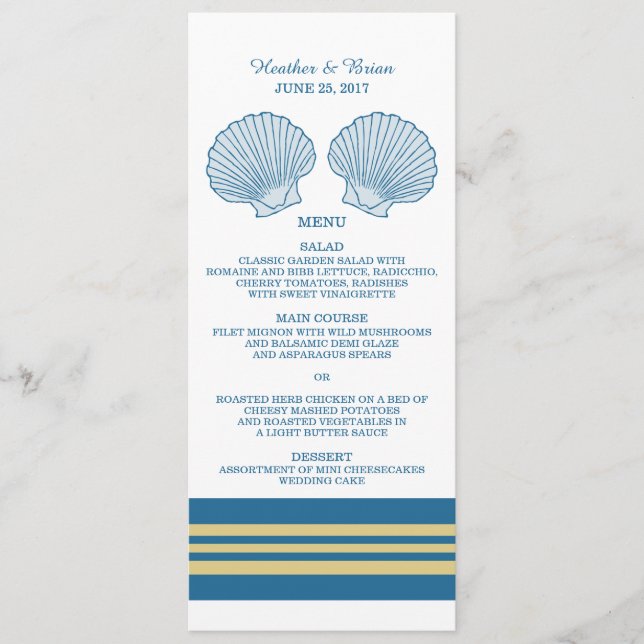 Blue Gold Coquillages nautiques Menu Mariage (Devant)