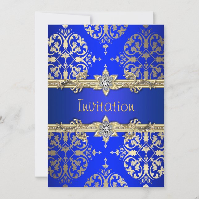 Blue Gold Damask Royal Blue Party Faire-part (Devant)