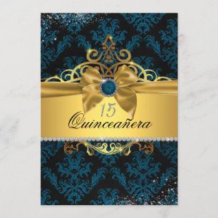 Blue Gold Elegant Damask Quinceanera Invitation