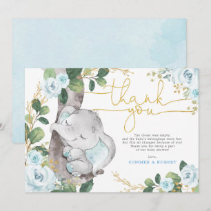 Blue Gold Floral Elephant Baby Carte de remercieme