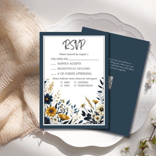 Blue Gold Floral Formal Mariage élégant RSVP (Elegant Formal Wedding RSVP Blue Yellow Wildflower Floral with QR Code for Wedding Website.)