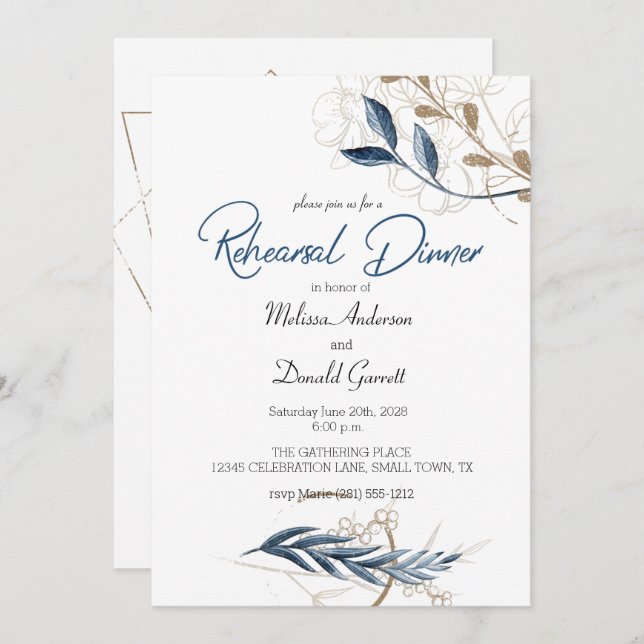 Blue Gold Floral Moderne Dîner de répétition éléga (Devant / Derrière)