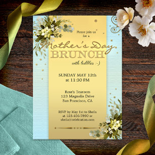 Blue Gold Floral Mothers Day Brunch Invitation