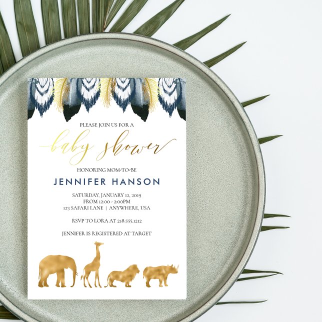 Blue Gold Glam Baby shower Safari Invitation (Créateur téléchargé)