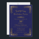 Blue Gold Lace Surprise Invitation de la fête du 5<br><div class="desc">Un bleu élégant personnalisable avec doré orné dentelle surprise 50e anniversaire invitation fête.</div>