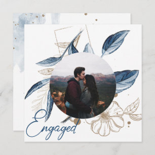 Blue Gold Moderne Floral Élégant Fiançailles Parti