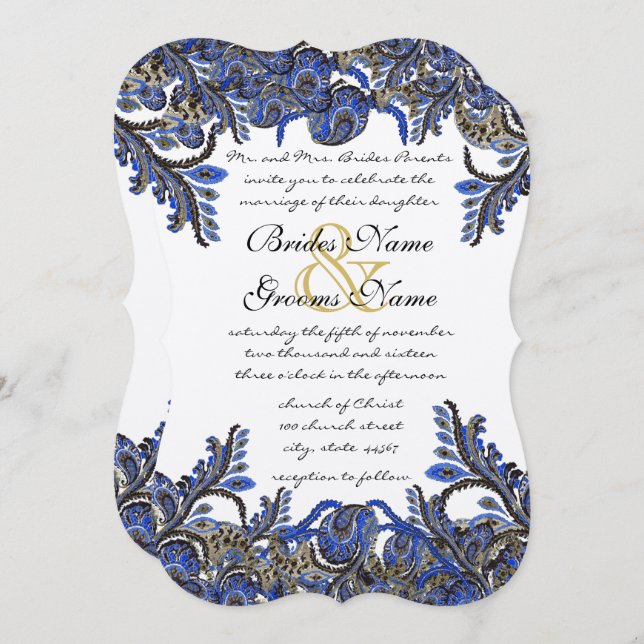 Blue & Gold Paisley Mariage damassé Invitation (Devant / Derrière)