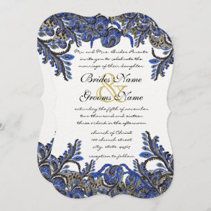 Blue & Gold Paisley Mariage damassé Invitation