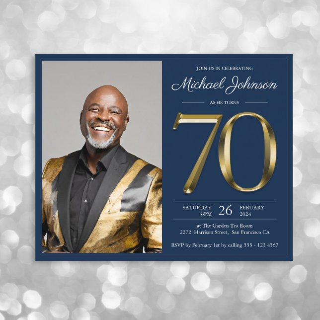 Blue Gold Photo Budget 70e anniversaire Invitation (Mockup View)