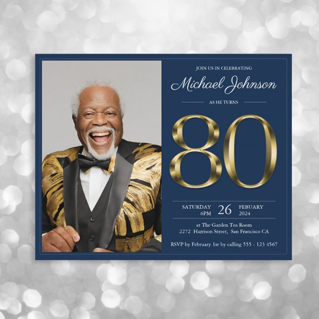 Blue Gold Photo Budget 80e anniversaire Invitation (Mockup View)