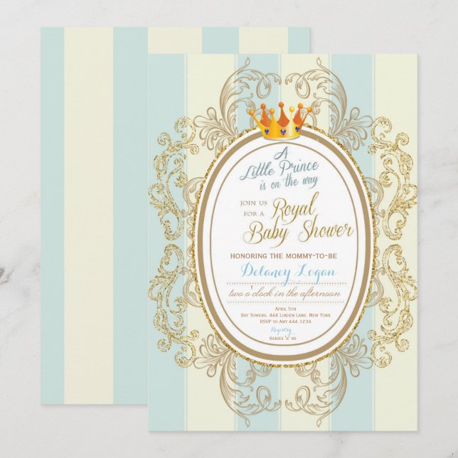 Blue Gold Royal Prince Baby Shower Invitations (Devant / Derrière)